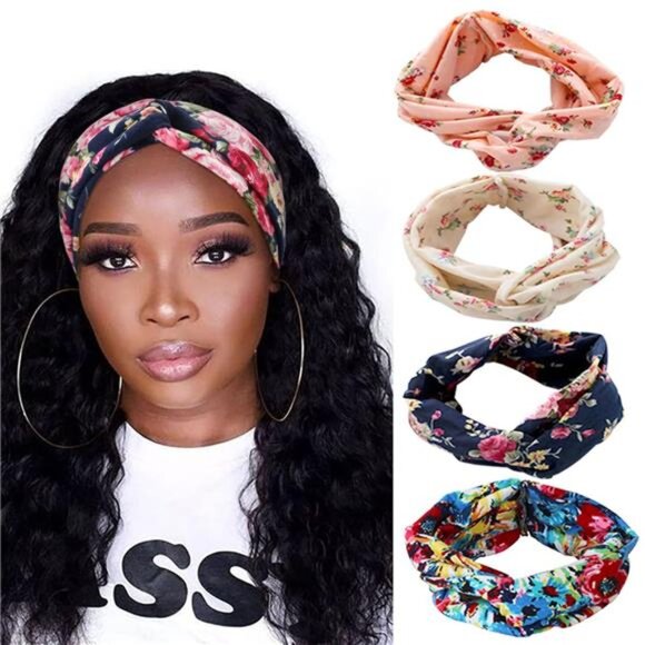 4 Pack Boho Cotton Non-Slip Headbands – Floral Knotted Turbans for exercise - Picture 1 of 7